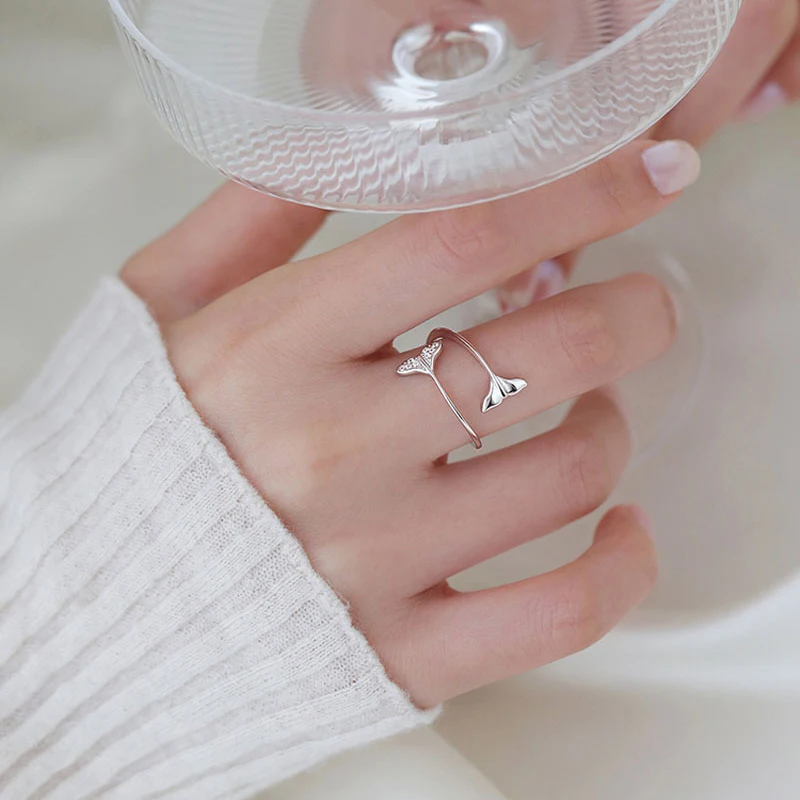 KOFSAC Zircon Mermaid Tail Ring Female Japanese Korean Fashion 925 Silver Jewelry Personality Temperament Fish Tail Open Rings