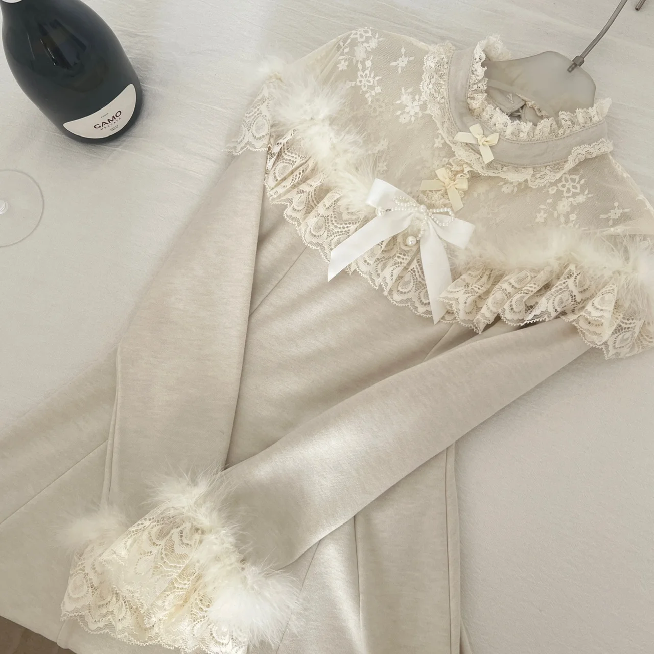 الخريف الفرنسية الصلبة فستان أنيق المرأة الوقوف طوق شير مقوس دانتيل الديكور أكتاف فستان الحفلات سليم صالح شيك ثوب مسائي #5