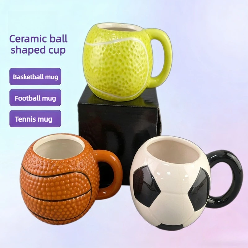 Sports Ball Shaped Mug Creative Coffee Cup for Soccer Basketball Tennis Fans Gift Large Capacity Relief Sculpture Office