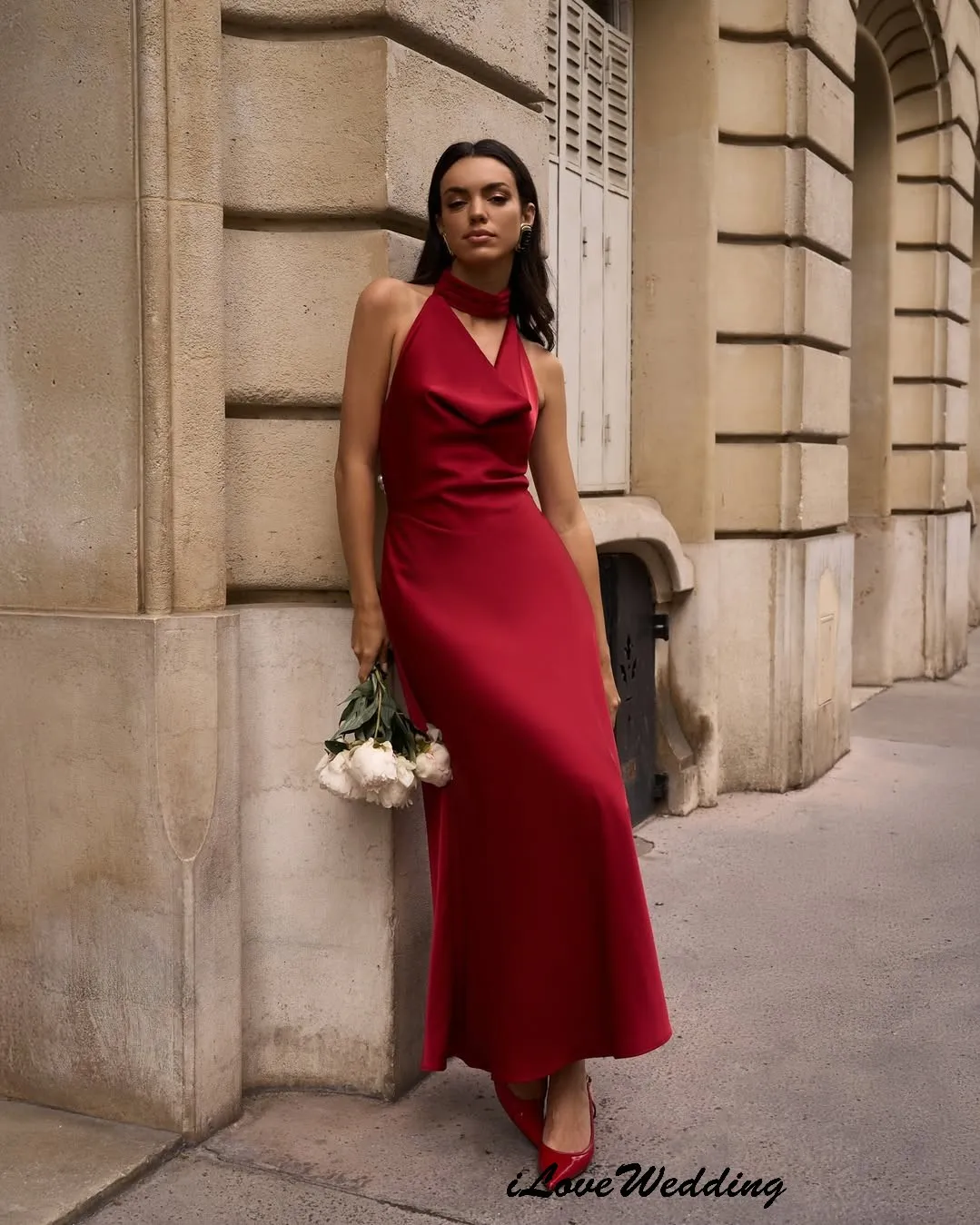

Red Elegant Woman Sleevless Prom Dress 2025 Satin A-Lin Woman Party Dress Backless Pearls Evening Dress Ankle Length Customized