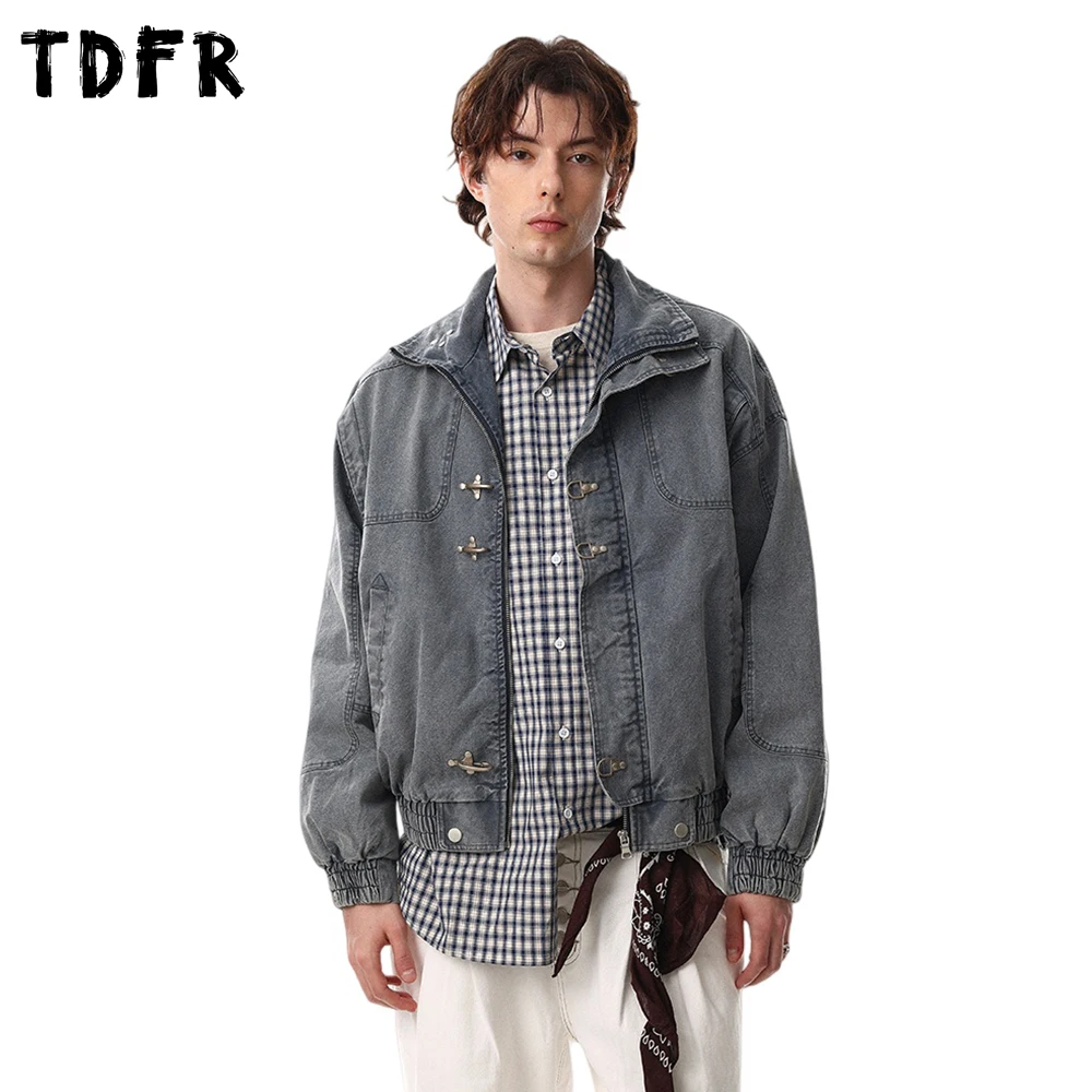 

Button Decoration Denim Jacket Mens Spring Retro Casual Cargo Stand Collar Long Sleeve Loose Outerwear Jeans Jacket Man