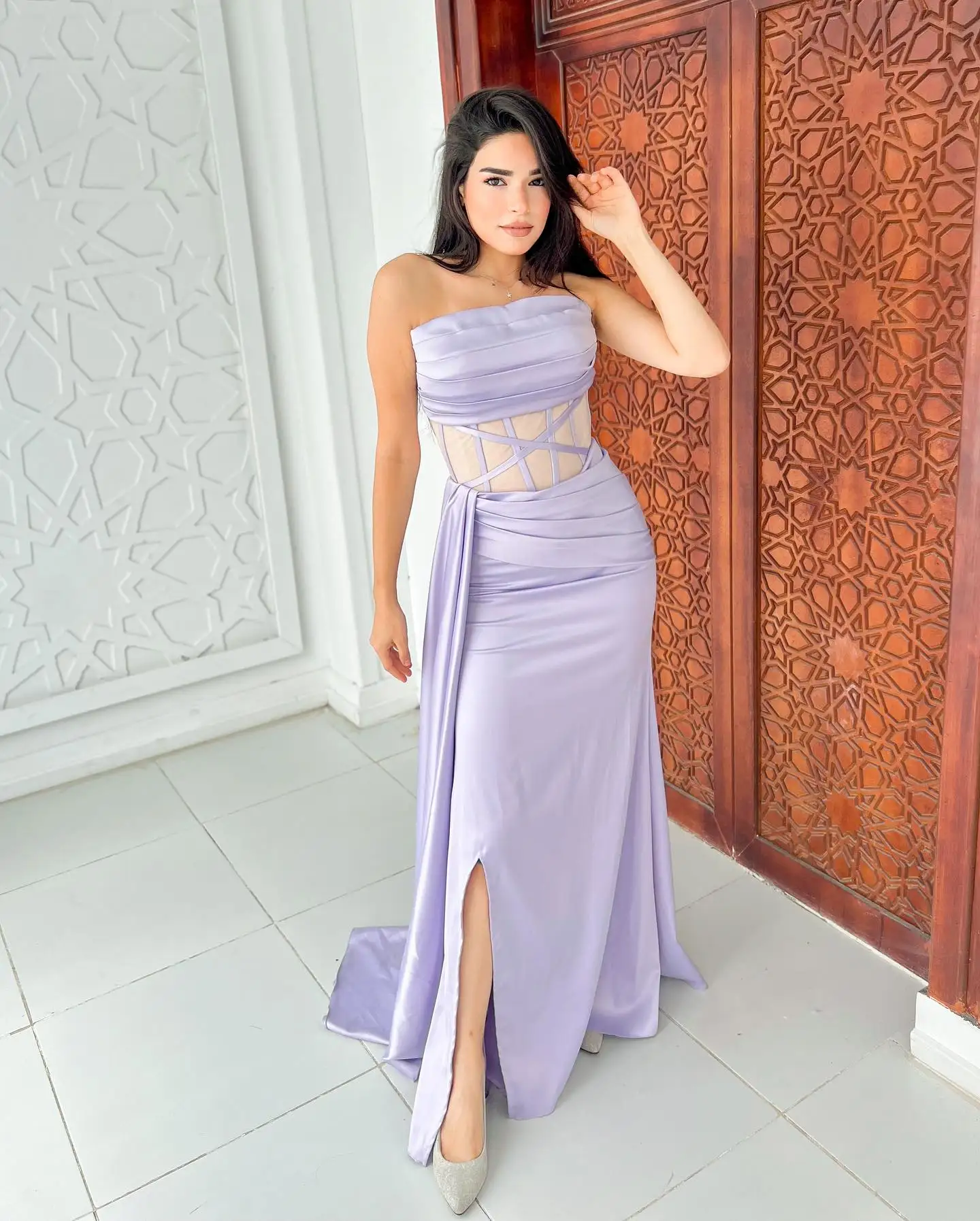 Jirocum Sexy Mermaid Evening Gown Women's Strapless Party Prom Dress Purple Pleated Tiered Side Slit Formal Occasion Dresses