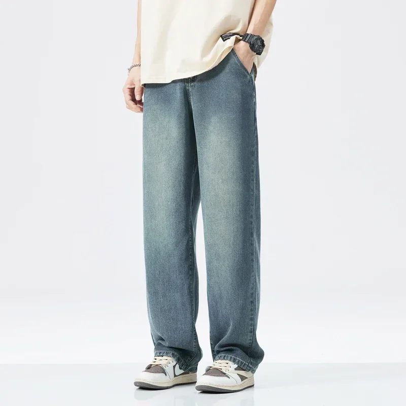 Moda coreana masculina high street casual em linha reta lyocell tecido calças jeans baggy simples masculino calças largas jeans vintage