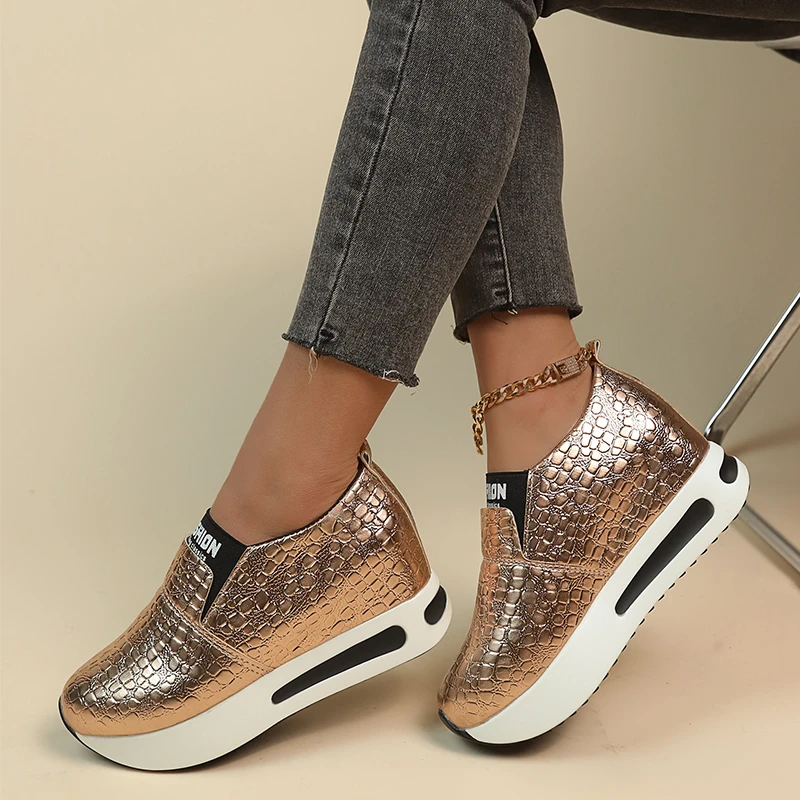 Modische Damen Metallic-Krokodil-Textur Slip-On Versteckter Keilabsatz Plateau-Schuhe Damen Höhenverstärkende Casual Walking Loafers Sneakers – Detail 10