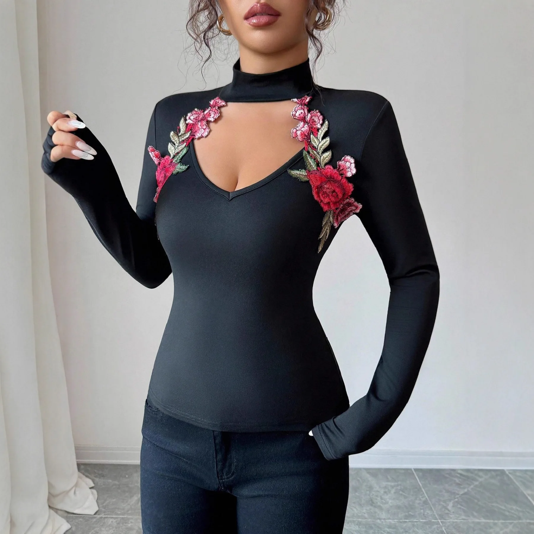 2025 New Long Sleeve Women's T-Shirt Clothes Woman Clothing  V-neck Hollow-out Patchwork Fashion Slim Fit T-shirt Top for Women