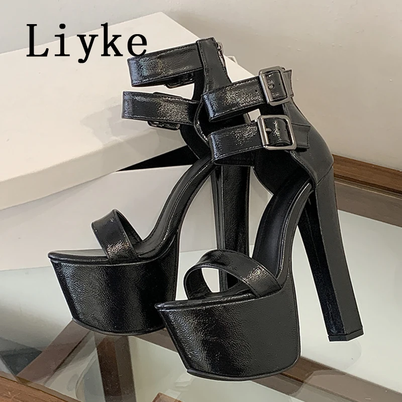 Liyke Summer Extreme High Heels Sandals Women Black PU Leather Platform Open Toe Runway Fashion Banquet Party Shoes Size 35-45
