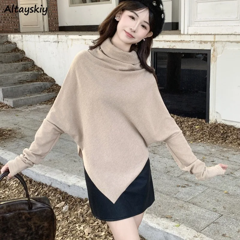 

Pullovers Women Turtleneck Irregular Tender Knitted Sweater Solid Baggy Leisure All-match Gentle Temperament Female Autumn Cozy