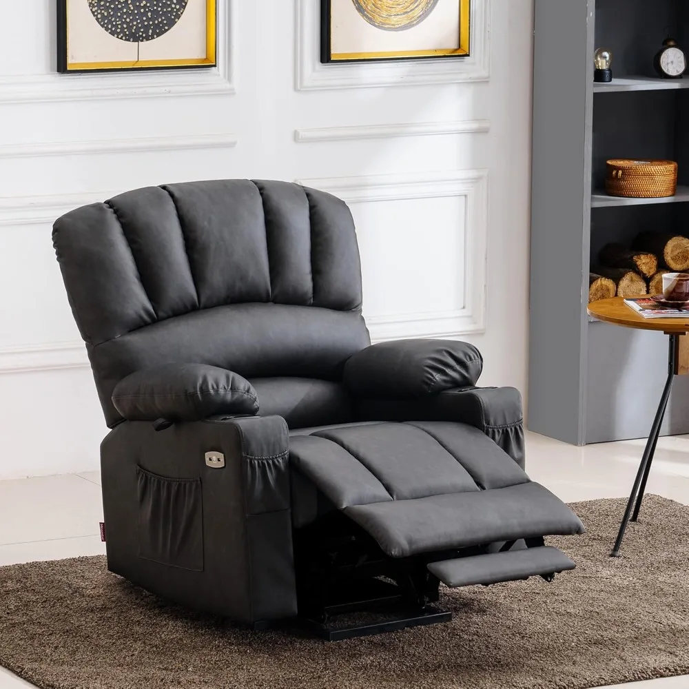 Power Lift Recliner Chair Sofa with Massage and Heat for Elderly People, Cup Holders, USB Ports, Side Pockets, Faux Leather