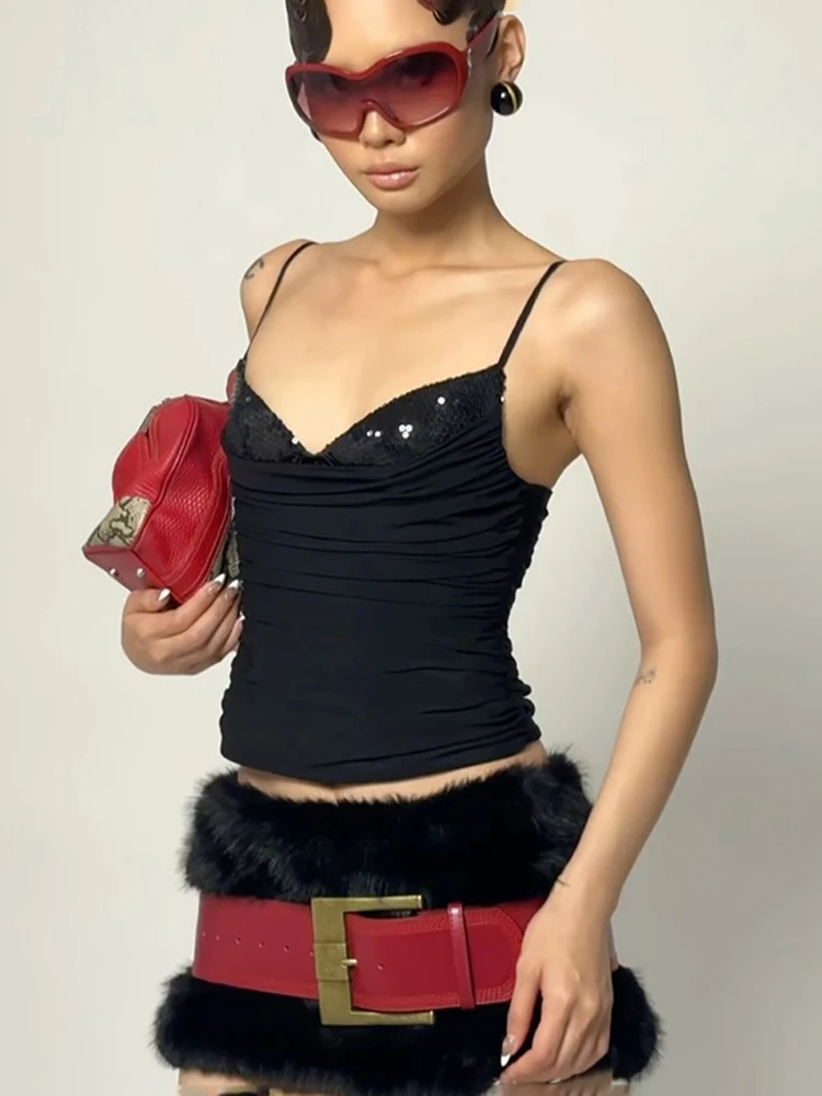 

Сексуальный летний топ-камизоль с пайетками и плиссировкой, открытой спиной, глубоким вырезом, молнией, облегающий, стрейч, в уличном стиле