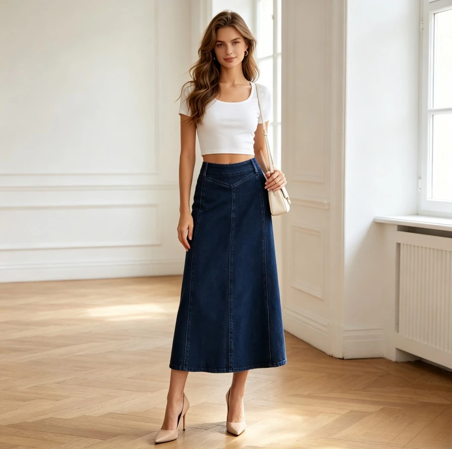 Skirts Women Mid Length Skirt Vintage Washed Plain A Line Slim Fit Elegant Splice Zipper Y2k Streetwear Work Dailywear Spring