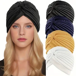 Solid Color Muslim Hijab Turban Hats For Women Pleated Elastic Crisscross Head Wraps Casual Head Scarves Stretchy Chemo Hats