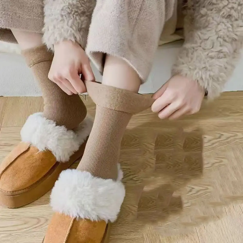 

5Pairs Stripe Thicken Warm Socks Solid Color Simple Thermal Mid Length Socks Mid Tube Thicker Winter Socks Women Autumn Winter