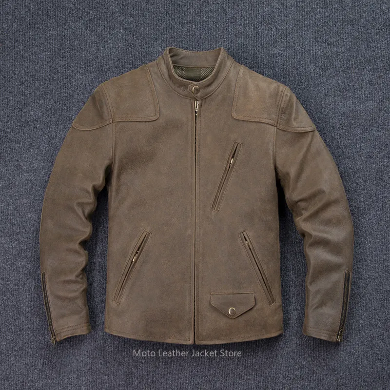 Venom Style Biker Real Leather Jacket Men Crackle Pattern First Layer Cowhide Uncoated Matte Genuine Leather Outwear
