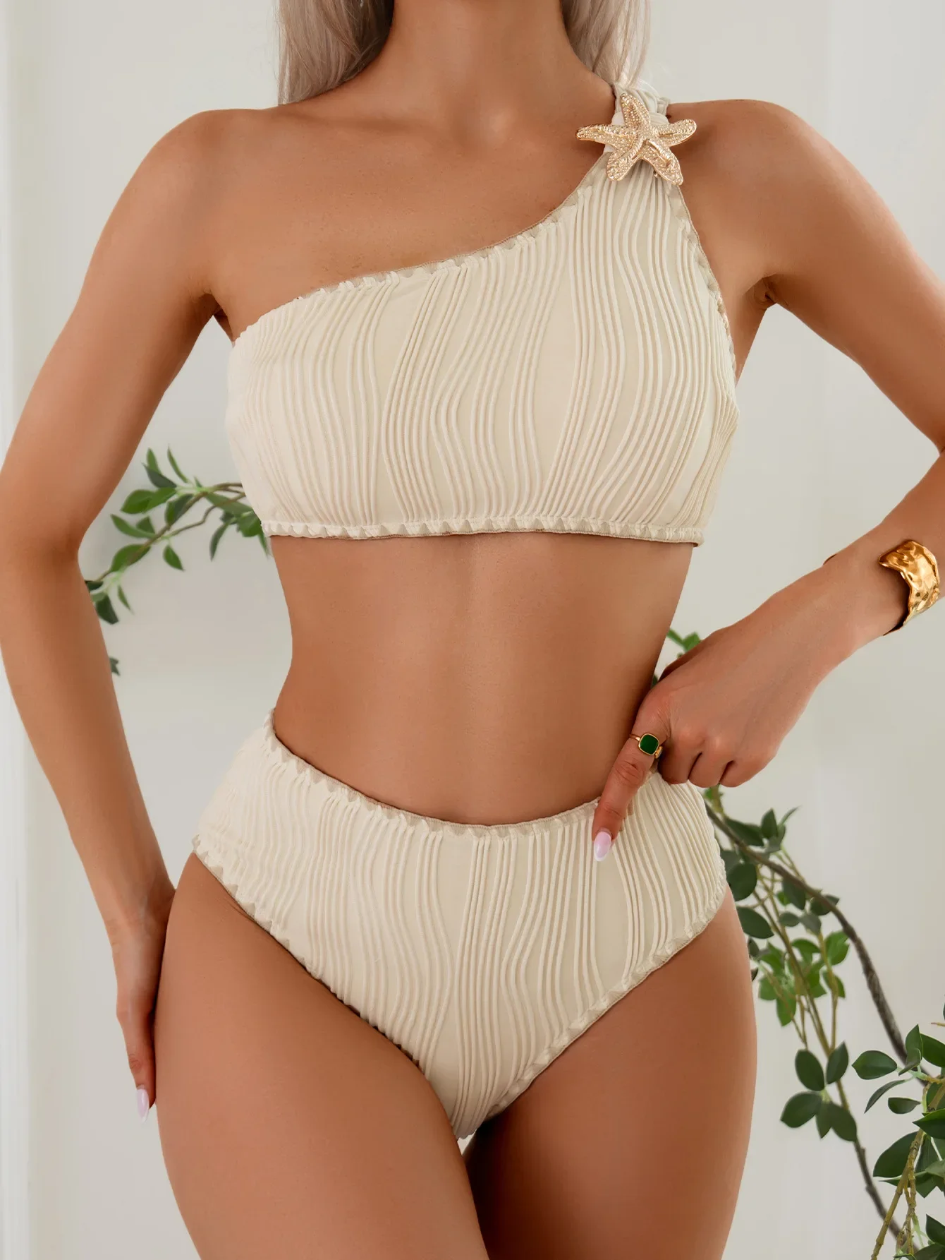 Sexy Eine Schulter Bikini Sets Zwei Stück Badeanzug Bademode Weibliche Seestern Brasilianische Biquini Hohe Taille Strand Tragen Badeanzug