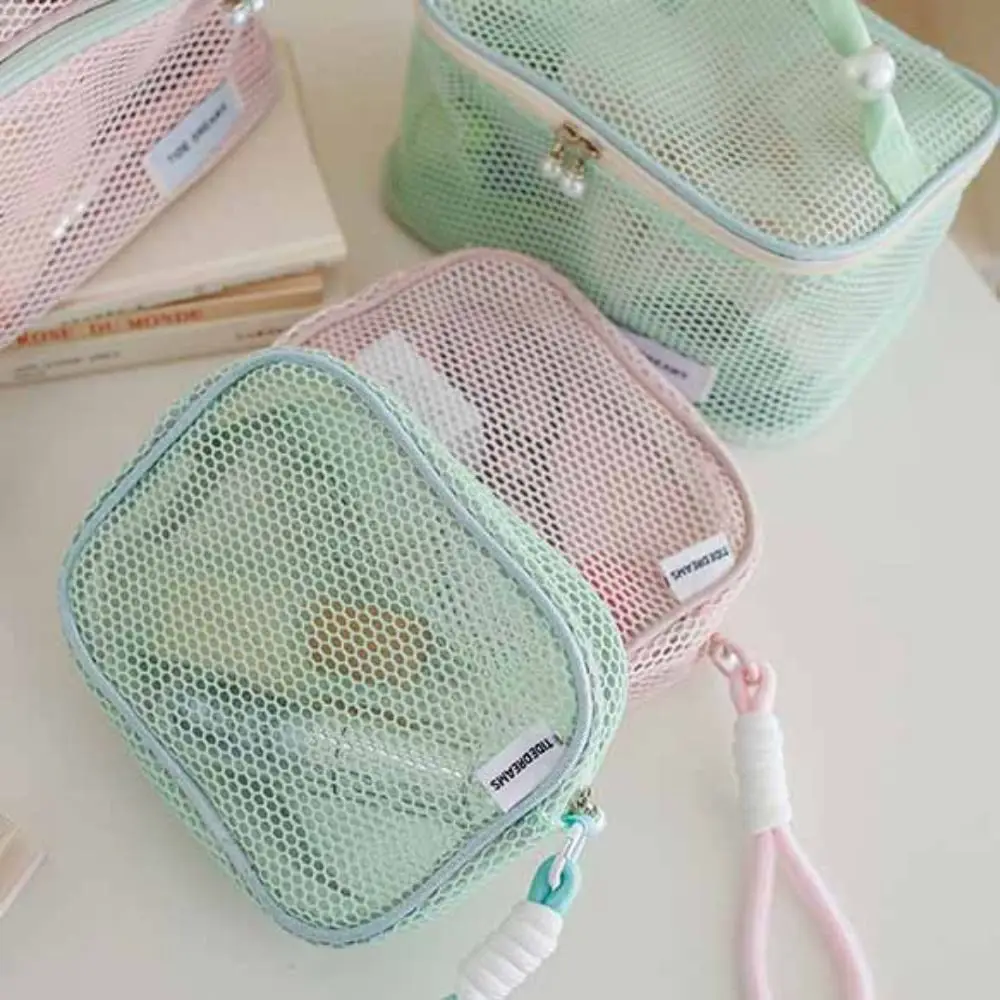 

Solid Color Mesh Cosmetic Bag Large Capacity Zipper Transparent Makeup Bag Storage Bag Toiletry Bag Pillow Makeup Pouch Girls