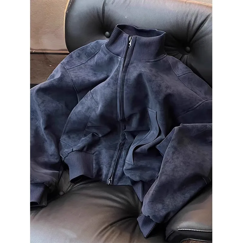 

Мужская весенняя бейсбольная куртка из короткой кожи в американском стиле, темно-синяя, с воротником-стойкой, стандартный крой плеча