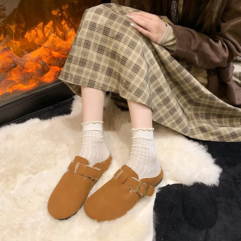 

Frosted Fleece Wrapped Head Semi-drag Winter New Round Toe Deep Mouth Belt Buckle Soft Sole Plush Warm Flats