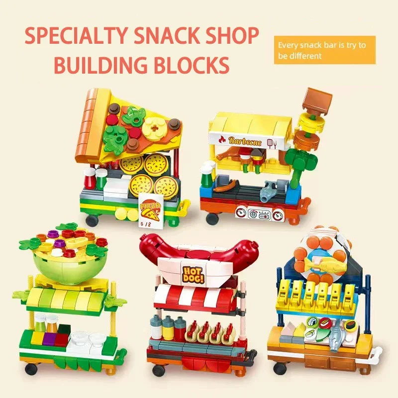 Street View Series French Fry Stall Building Blocks City Night Market Stall Model Bricks Toys For Boy Birthday Gift MOC