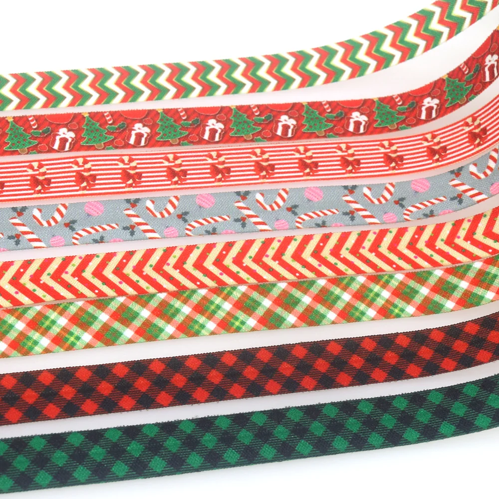 DHK 5/8'' 50yards Christmas Plaid Grid Stripe Printed Fold Elastic FOE Stretch Ribbon Accessories Craft DIY Sewing S2018