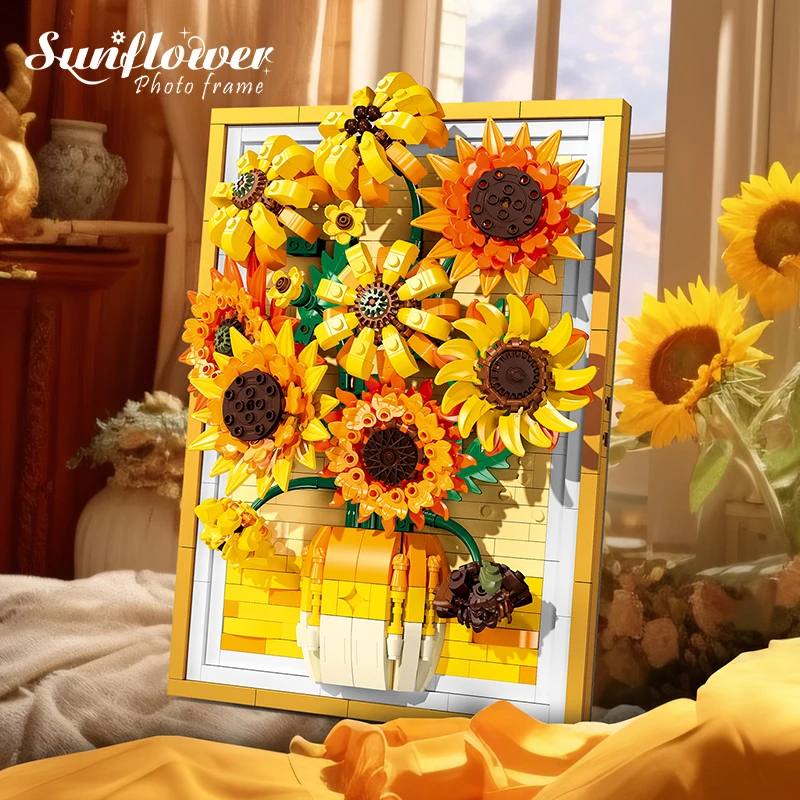 

JJ9233 building blocks flower photo frame wall hanging, 1011 PCS sunflower simulation flower model assembly, girl's holiday gift