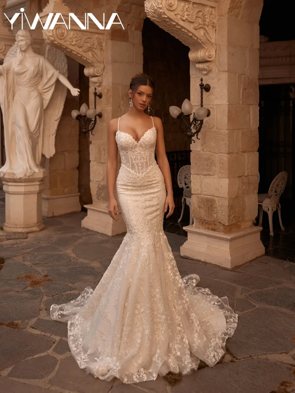 

Shimmering Lace Appliques Wedding Dress Captivating Thin Straps Mermaid Bridal Gown Customzied Floor-length Dresses For Bride