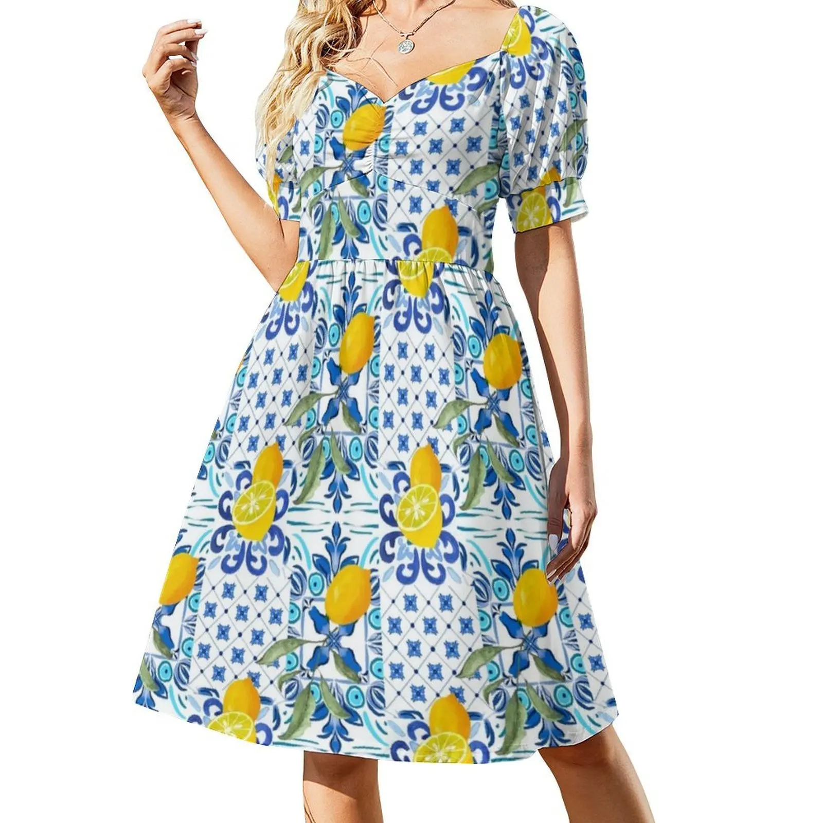 بلاط صقلية البحر الأبيض المتوسط فسيفساء الليمون المرأة الشارع الشهير فستان الحفلات العصرية طباعة نادي الملابس للإناث صقلية #2