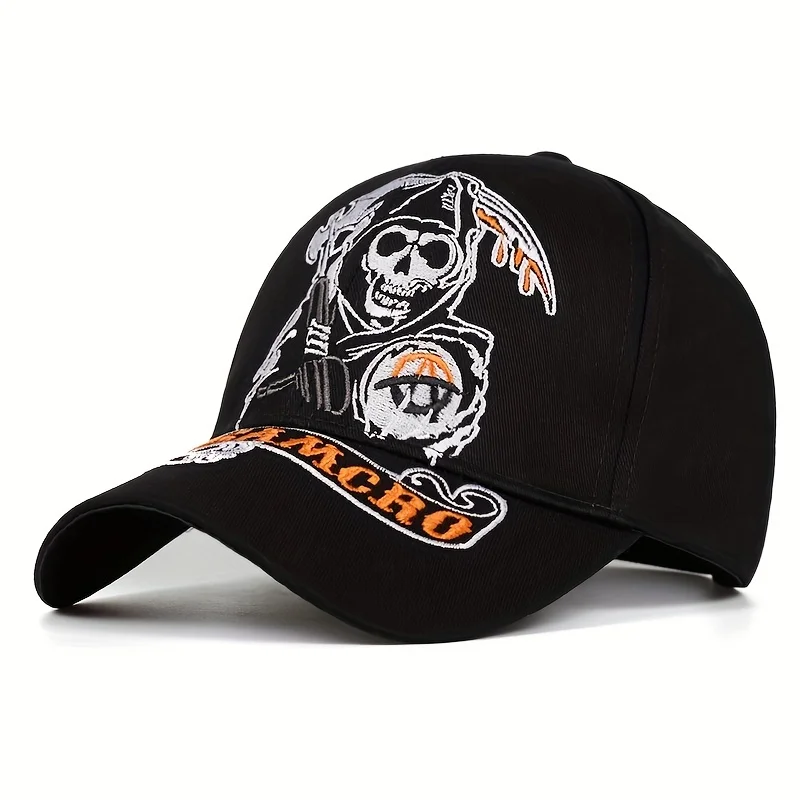 SAMCRO Baseballkappe SOA Sons of Anarchy Totenkopf-Stickerei, lässige Snapback-Mütze, modische, hochwertige Renn- und Motorrad-Sportmütze – Detail 3