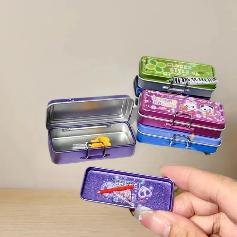 Iron Pencil Box Pretend Play Set Model for Dollhouse, Double Layer with Pen, Ruler, Scissors, Tape, Micro Landscape Decor.