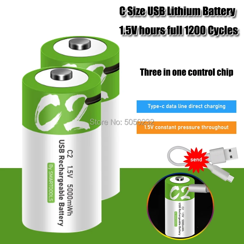 1.5V 5000mWh C Kích Thước Lithium Li-Polymer Loại C USB Sạc Pin Sạc USB Bộ Dây Cáp