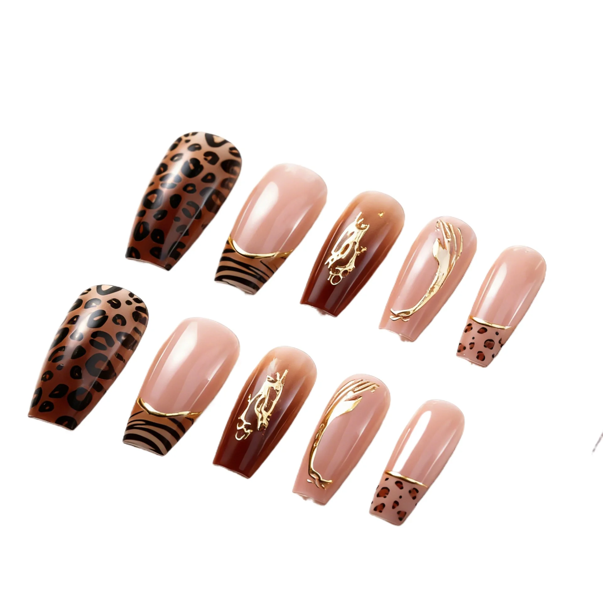 

24PCS 3D Gold Line Pattern Fake Nails with Nude Animal Print Square Shape Press on Nails Spicy Cool Elegant Wild Luxury Nail Art