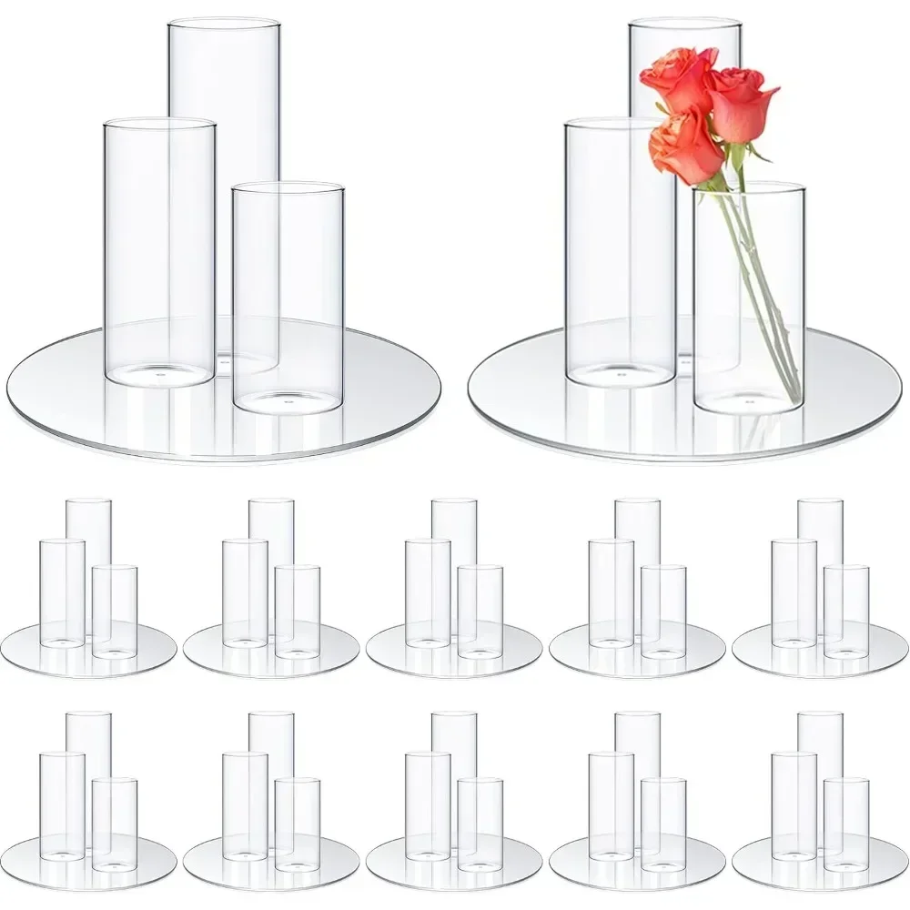 12 Pcs 10'' Round Glass Mirror Trays and 36 Pcs Different Height Glass Vases Table Centerpiece Decoration for Wedding Decor