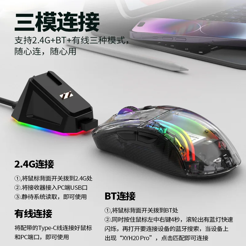 Imagem -02 - Mouse Mute Transparente com Base de Carregamento Magnético sem Fio Bluetooth com Fio Modos Luz Jogo Xyh20 Pro 2.4g Rgb Novo