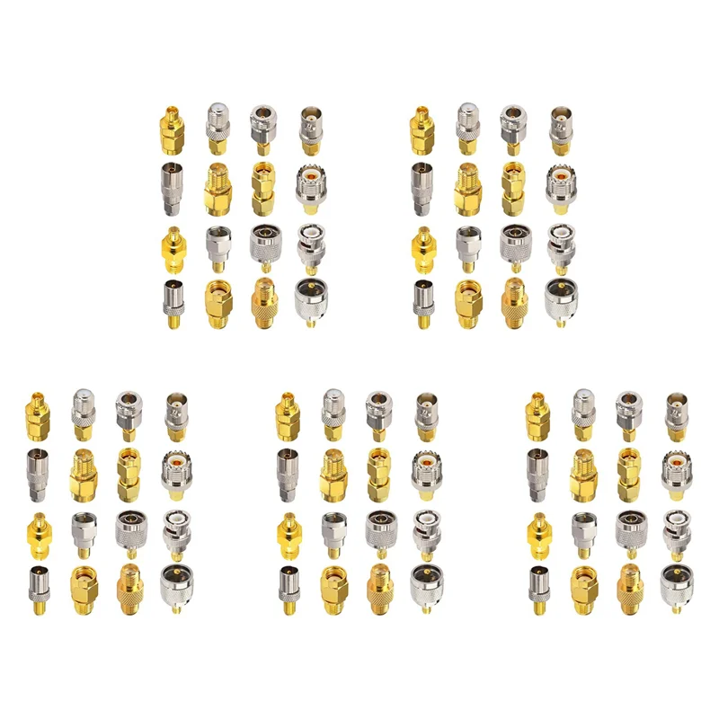 

Комплекты SMA-адаптеров A02M-5X 16 типов: SMA на MCX/TV/F/N/BNC/UHF/RP-SMA, прямые, никелированные, с золотым покрытием