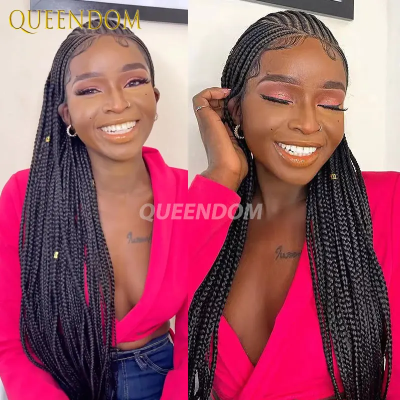 Wig Kepang Renda Penuh 36 Inci Wig Kepang Kotak Cornrow Sintetis untuk Wanita Kulit Hitam Wig Kepang Kotak Jumbo Kepang Suku Rambut Palsu