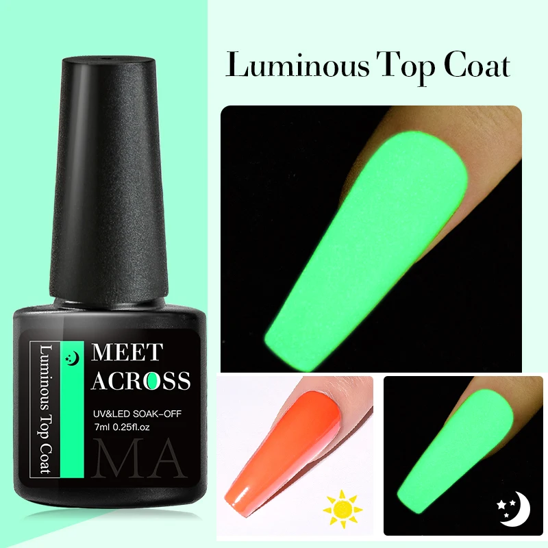 MEET ACROSS Top Coat luminoso Smalto per unghie gel Semi permanente Bagliore nel buio Fluorescente Soak Off Vernice gel UV LED per manicure