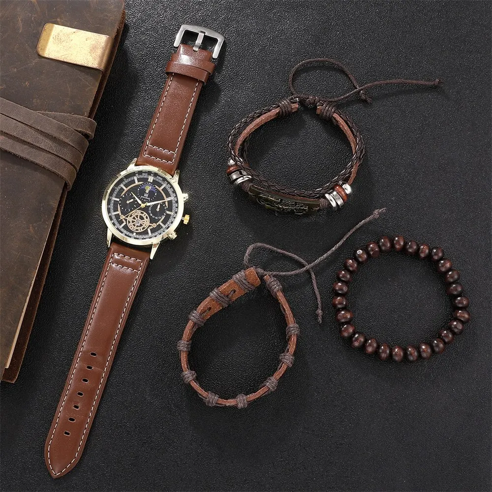 4PCS Set Men Watch Luxury Bracelet Set Fashion Business Brown Leather Quartz Wrist Watches for Men Gift Set Relogio Masculino