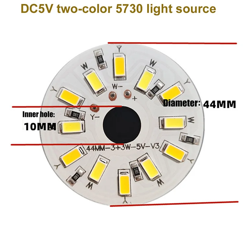 Placa de luz LED de alto brillo, Bombilla redonda 5730, fuente de lámpara, 3W, blanco cálido, 5V, dos colores, 44mm, 1 unidad