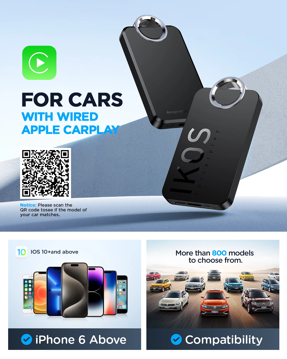 محول IKOS اللاسلكي CarPlay 2025 يحول سلكيًا إلى قابس Carplay Dongle اللاسلكي والتشغيل للسيارات من 2016 وiOS 10+