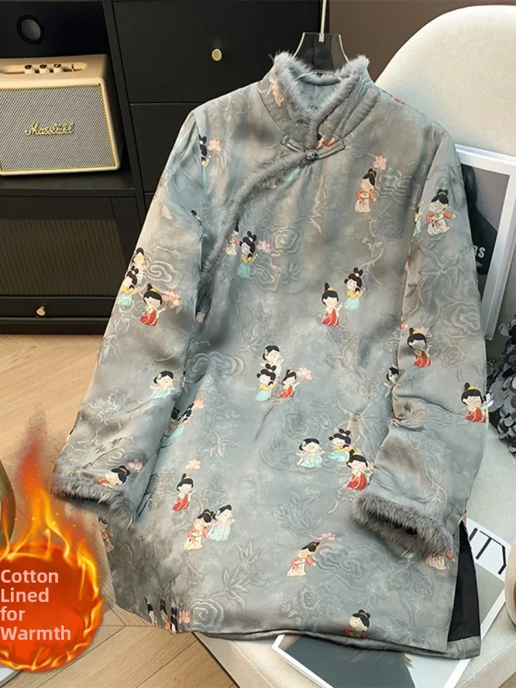 

Young Sle Cotton Linen Patchwork Coat Medium Length Ladies Winter Jaet with Buttons Asymmetrical Hemline