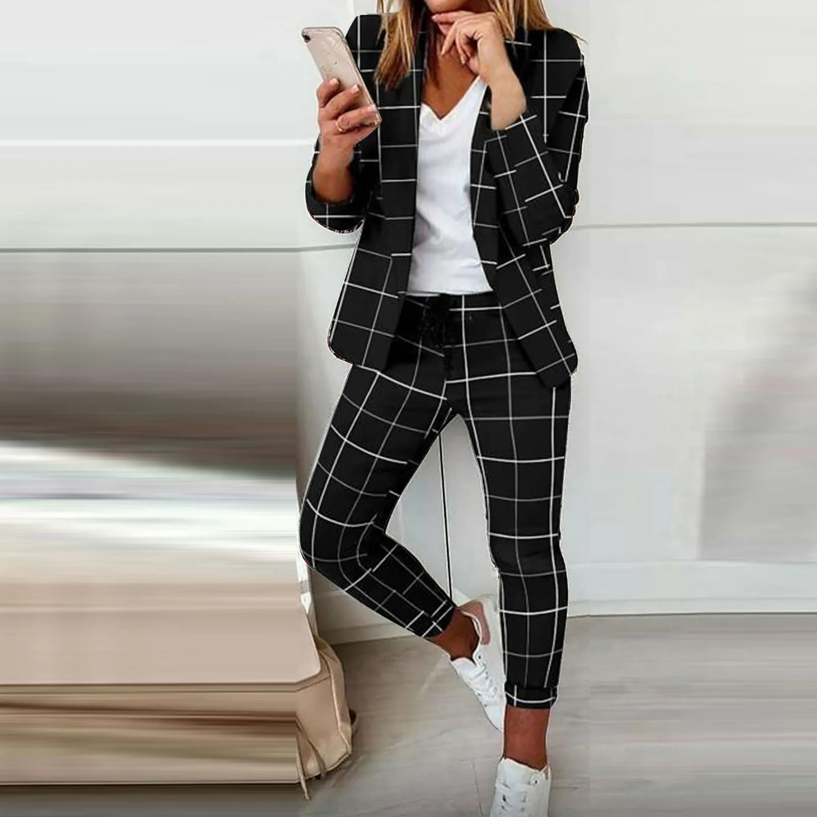 Blazer da donna con stampa scozzese 2 pezzi Set giacca sottile Slim Fit manica lunga giacca da lavoro da ufficio cappotto + pantaloni Set abiti