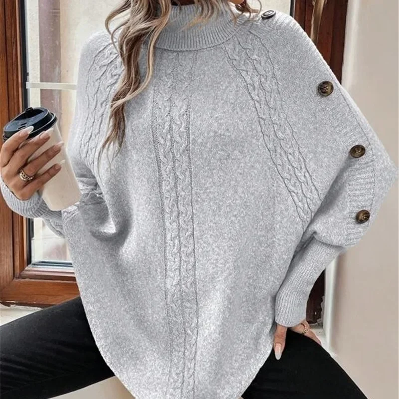 Winter Bat Sleeve Sweater Women's High Neck Button Design French Elegant Fashion Pullover Top Versatile Sweater