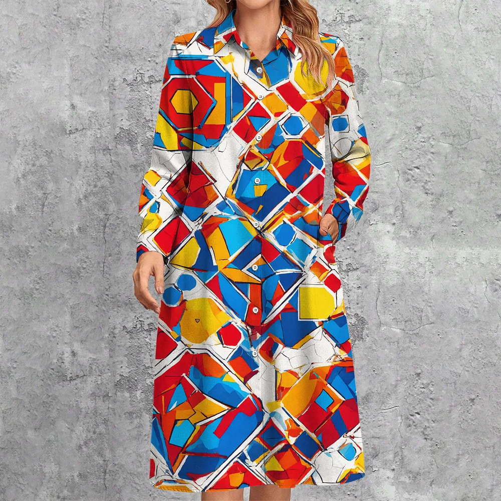 Summer Fashion Colourful Geometric Print Commuter Shirt Dress Women's Turn-Down Collar Blouse Dress Female Mid-Length Dresses