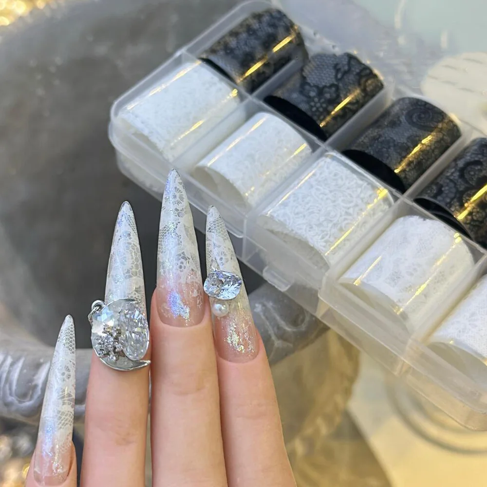 10 Rollen 2,5 * 50 cm Sexy Spitze Nagelfolien Schwarz Weiß Transferpapier Nail Art Aufkleber Streifen Spitze Maniküre Abziehbilder Nageldekorationen – Detail 7
