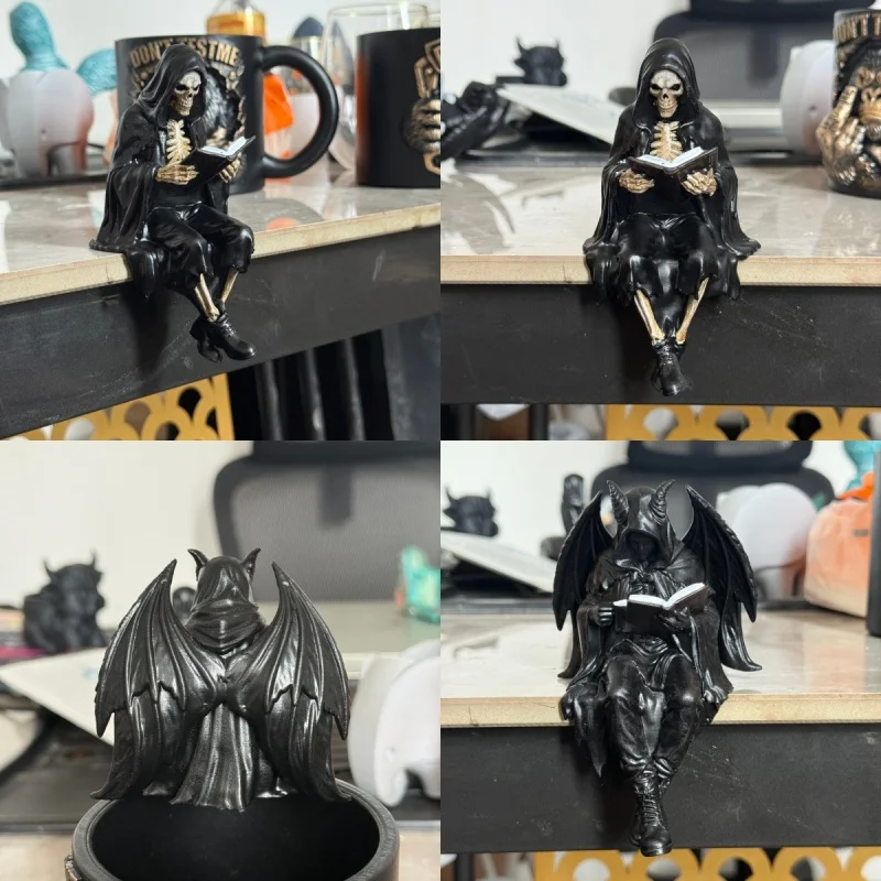 Gothic Black Hooded Reaper Figurine Reading Book Skull Statue Demon Sculpture Desktop Resin Ornament Halloween Home Decor Gift