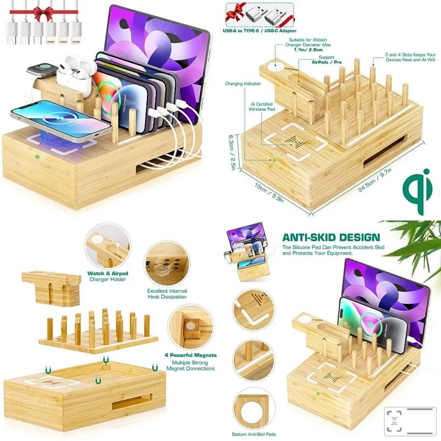 

Wireless Charging Station for Multiple Devices - Wood Docking Station Organizer, Qi Certified Fast Wireless Charger, 7 USB Char