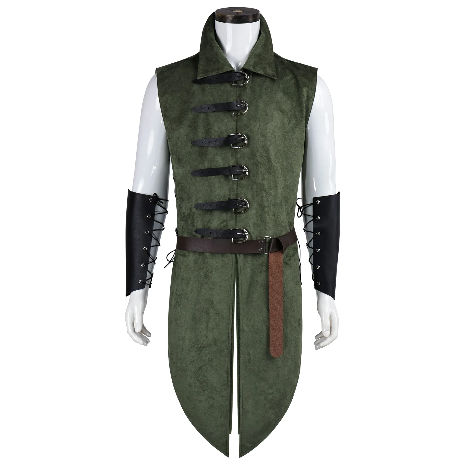Men Medieval Retro Elf Long Vest Set Waist Cincher Wrist Guards Ranger Stage Cosplay Performance Costume view 2