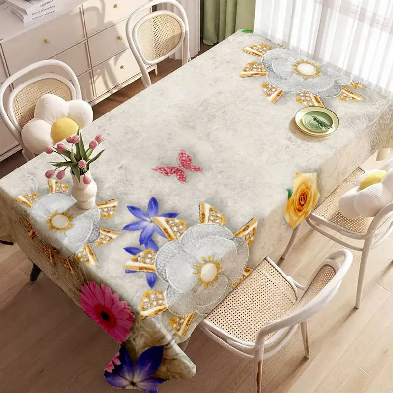 Butterfly Floral Tablecloth, Luxury Rhinestone Flower Art Print Waterproof Table Cover, Washable for Indoor Dining Table Decor