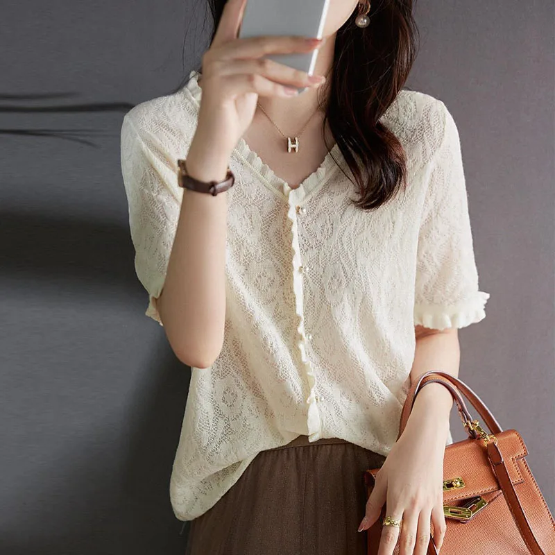 스웨터 니트 스웨터 여성 풀오버 패션 V넥 홀로우 니트 스웨터 풀오버 여성 탑 반팔 니트웨어 Q2790