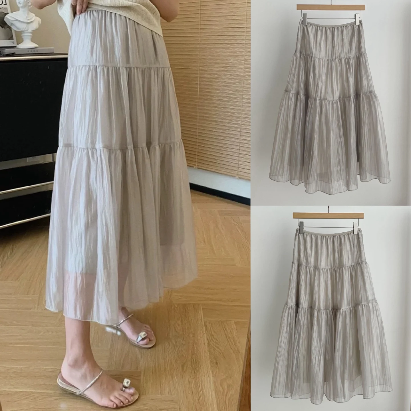 

Длинная легкая юбка f-длины для похудения с текстурой микро морщин, корейский зонтик из полиэфирного волокна с высокой талией, повседневная одежда...