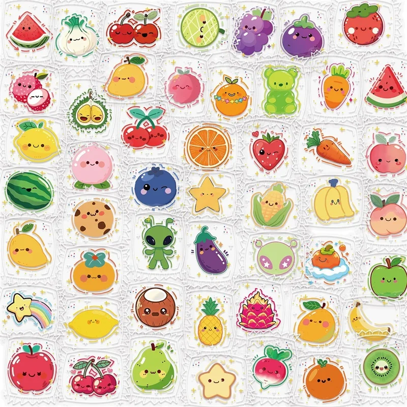 

50PCS Cartoon Fruit Candy Paint PET Sticky Sticker Aesthetic Tear Open DIY Decoration Scrapbooking Stationery Supplies for Kids